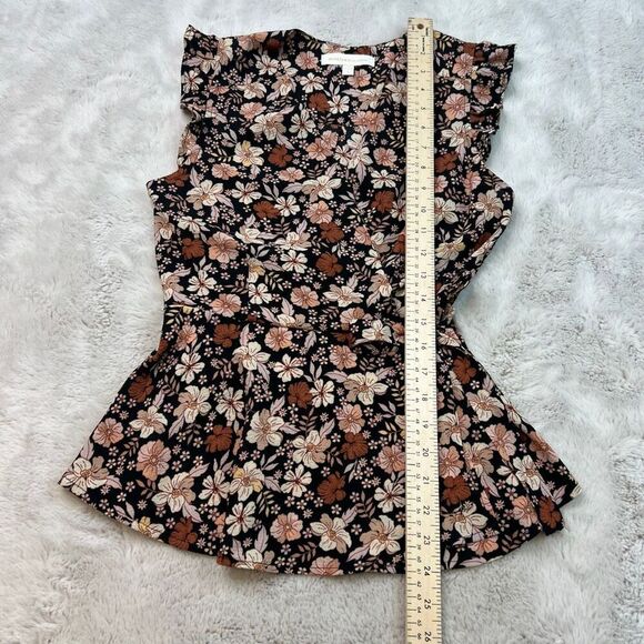 Monteau Los Angles Peplum Top Womens Small Brown Fall Floral Faux Wrap Vneck - Picture 6 of 8